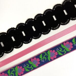 3 fabric sewing trims 9 yards embroidered floral black scalloped & pink satin